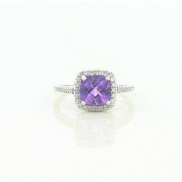 10k White Gold Natural Purple Amethyst and Diamond Halo Ring Size 6 - Picture 5 of 7
